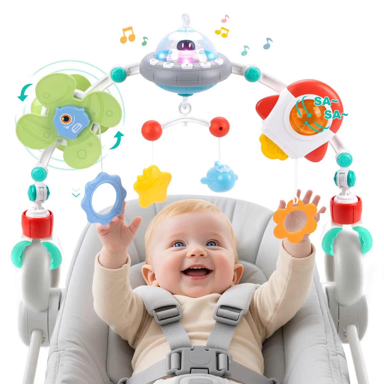 Jouet d’arche pour poussette de bébé en plastique coloré du centre d’activités marin, avec une conception de soucoupe volante et de fusée, comprenant des pales de ventilateur vert rotatives et des jouets suspendus rouges, bleus, jaunes et orange au-dessus d’un nourrisson souriant