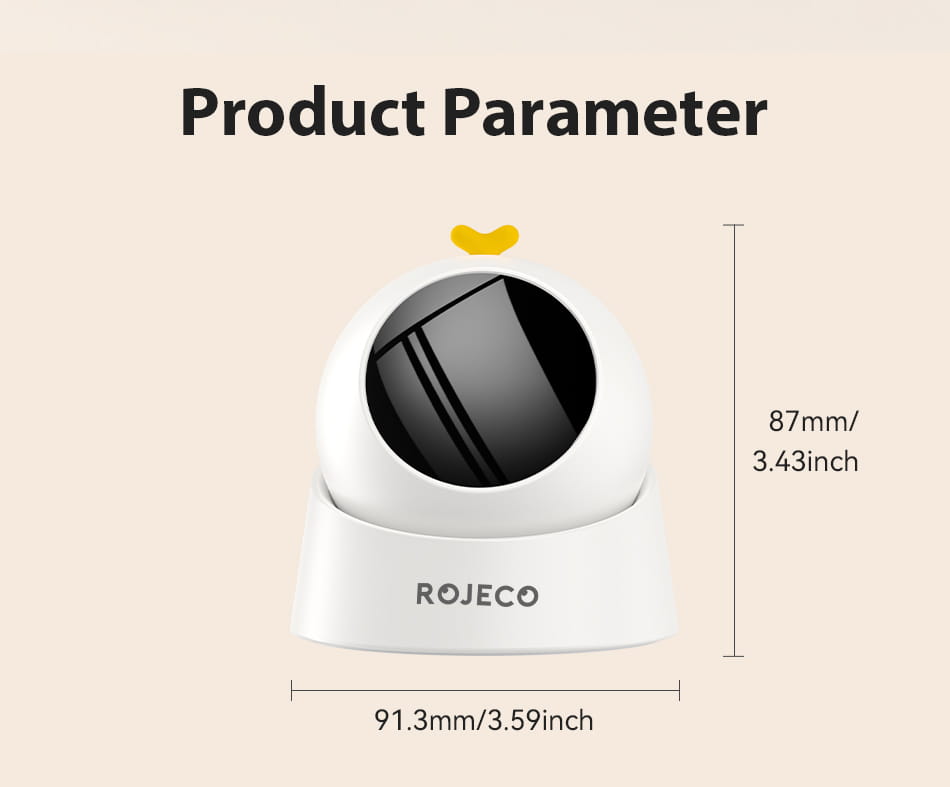 White rojeco dome security camera with a glossy black lens and a small yellow accent on top shown from a front angle in a toys type product titled interactive laser cat toy.