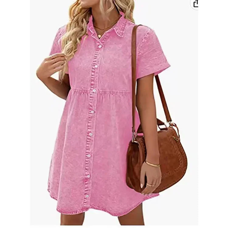 Women Denim Shirt Dresses Short Sleeve Turn Down Collar Jean Dress Single-breasted Casual Top Loose Ruffled Edge Women Dresses