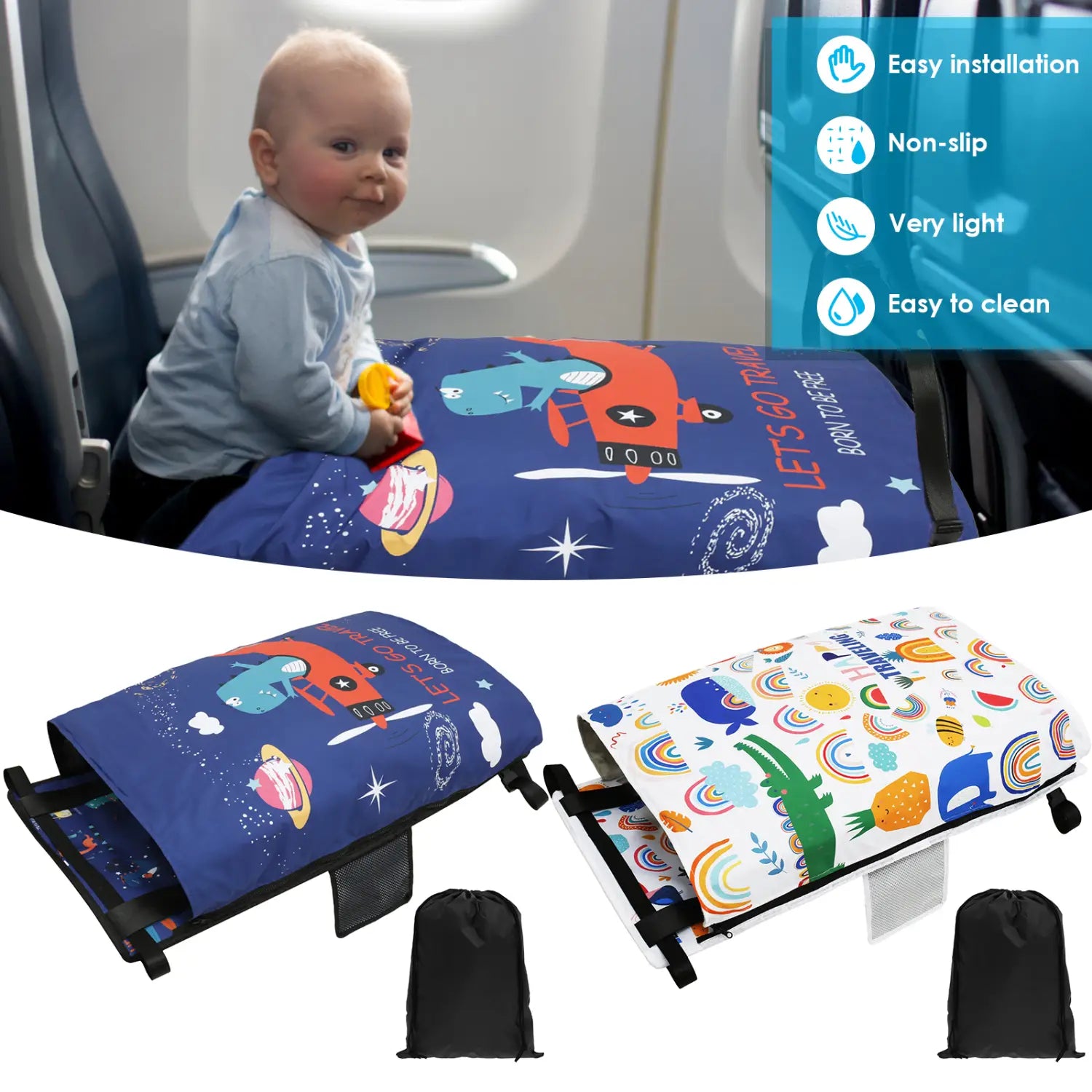 Aufsatz für den Kindersitz im Flugzeug als Reisebett für Kleinkinder in Blau und Weiß mit Cartoon-Motiven, mit Netzseitenfächern und schwarzen Gurten zur sicheren Befestigung.