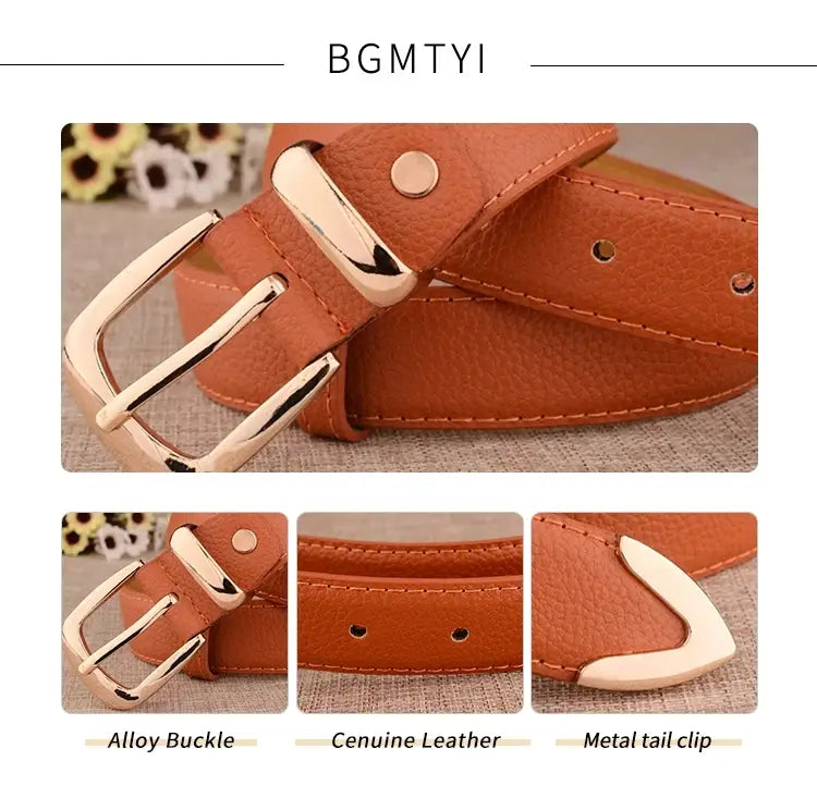Ceinture en cuir véritable pour femmes, vintage, couleur tan, avec boucle à épingle et passant, en cuir véritable, équipée d’une boucle en alliage ton or polie et d’une pince d’extrémité métallique assortie.
