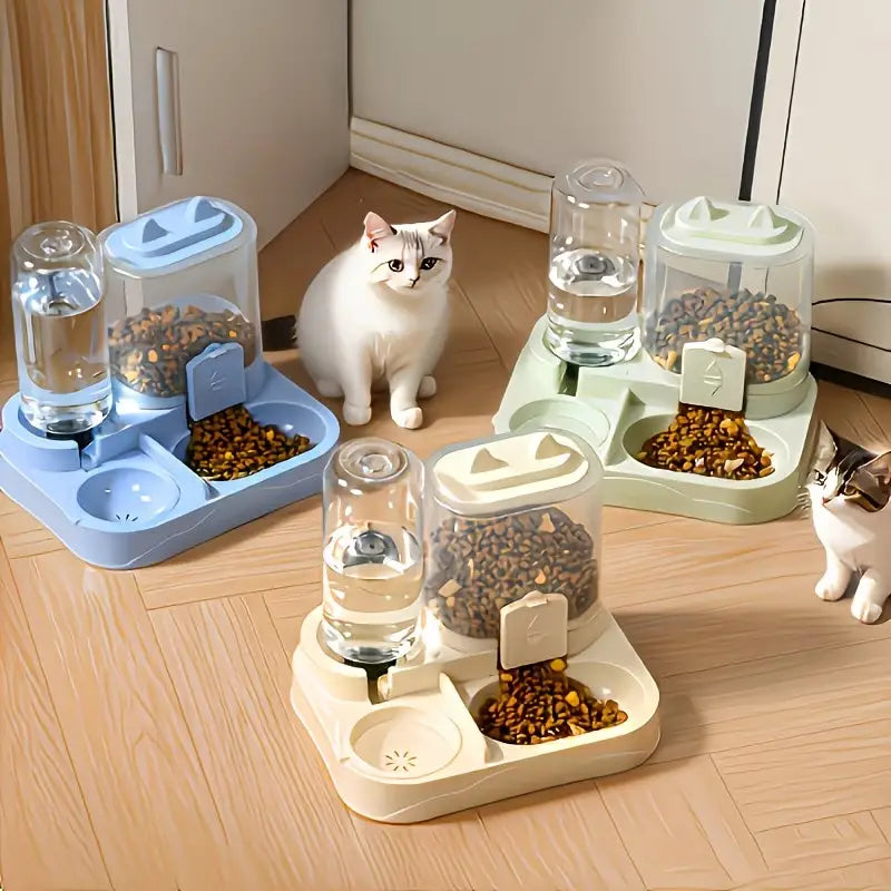 three cat feeders in blue beige and mint green with clear water dispenser reservoirs and food dispensing trays for large pets