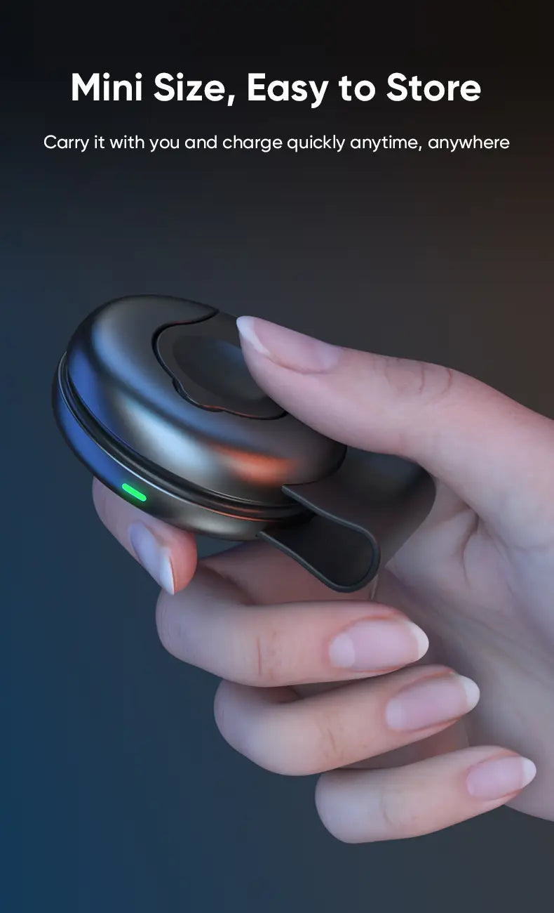 Black sleek mini portable foldable 3-in-1 magnetic wireless charger with clip-on design and green led indicator light.