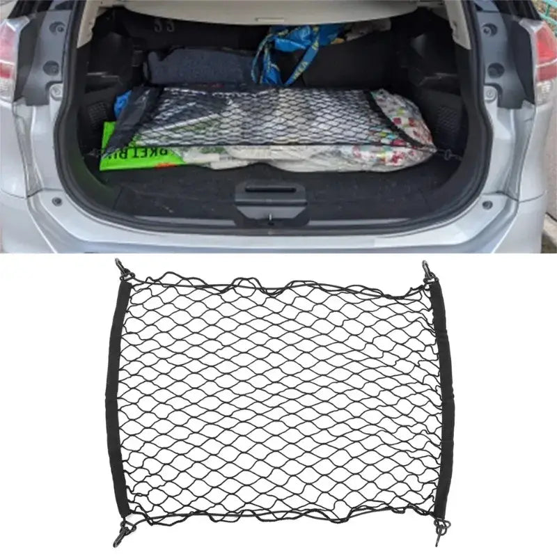 Black mesh nylon car trunk cargo net with reinforced fabric edges and metal hooks for securing storage items.