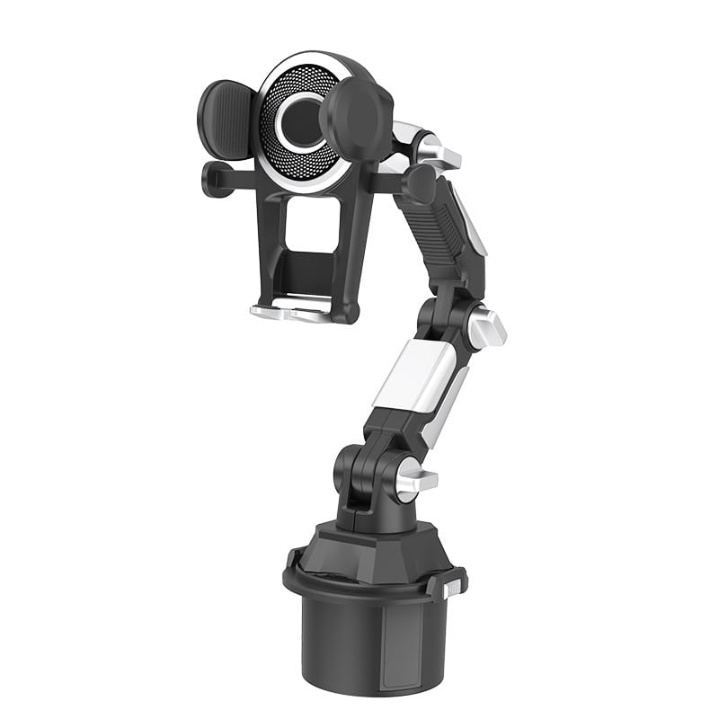 black and silver adjustable car phone mount with flexible arm for secure hands free device mounting and 360 degree rotation