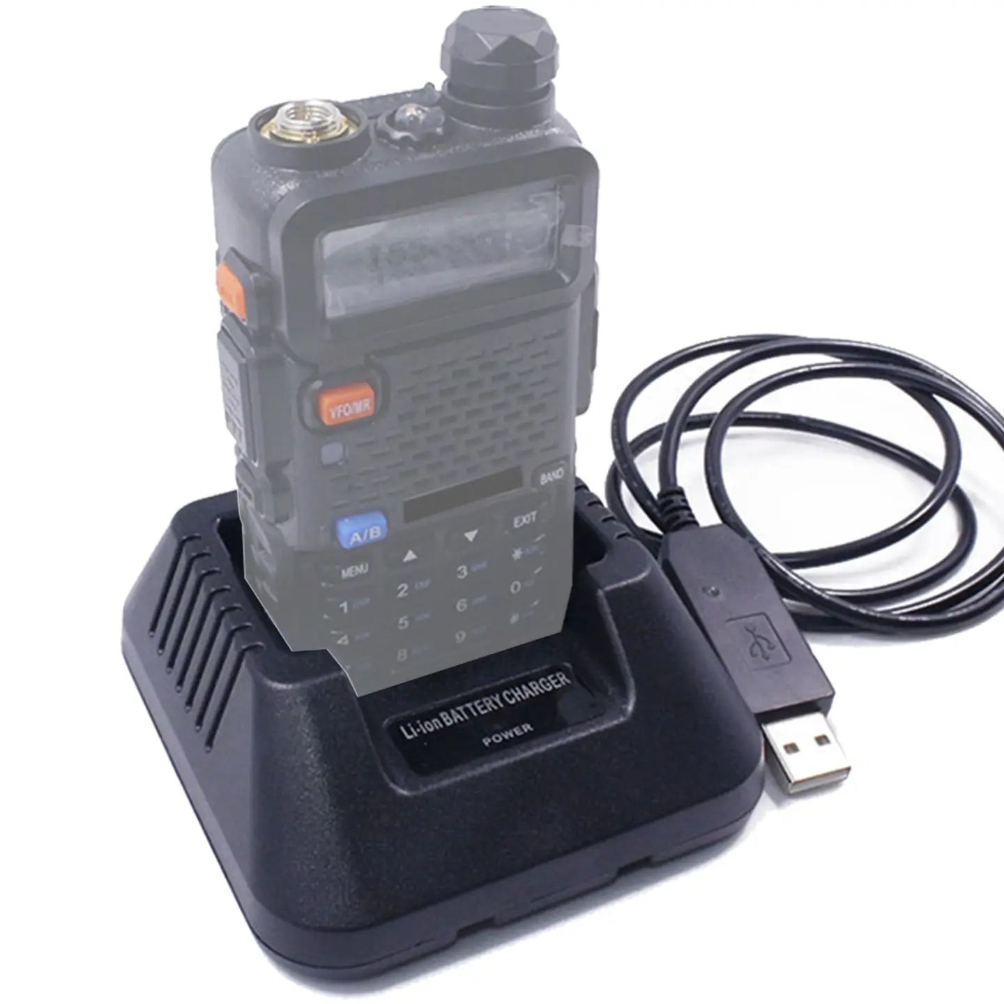 black plastic Baofeng bf-888s two-way radio with orange and blue buttons resting in a matching black UV5R li-ion charger for Baofeng walkie talkie