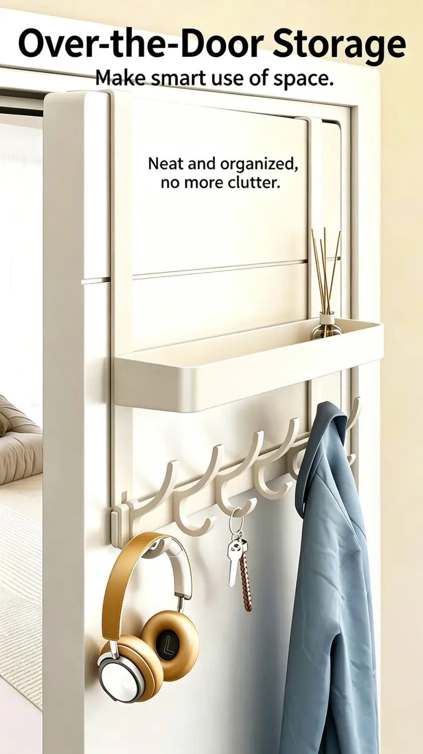 White over door organizer with shelf and hooks made of metal holding headphones and keys.