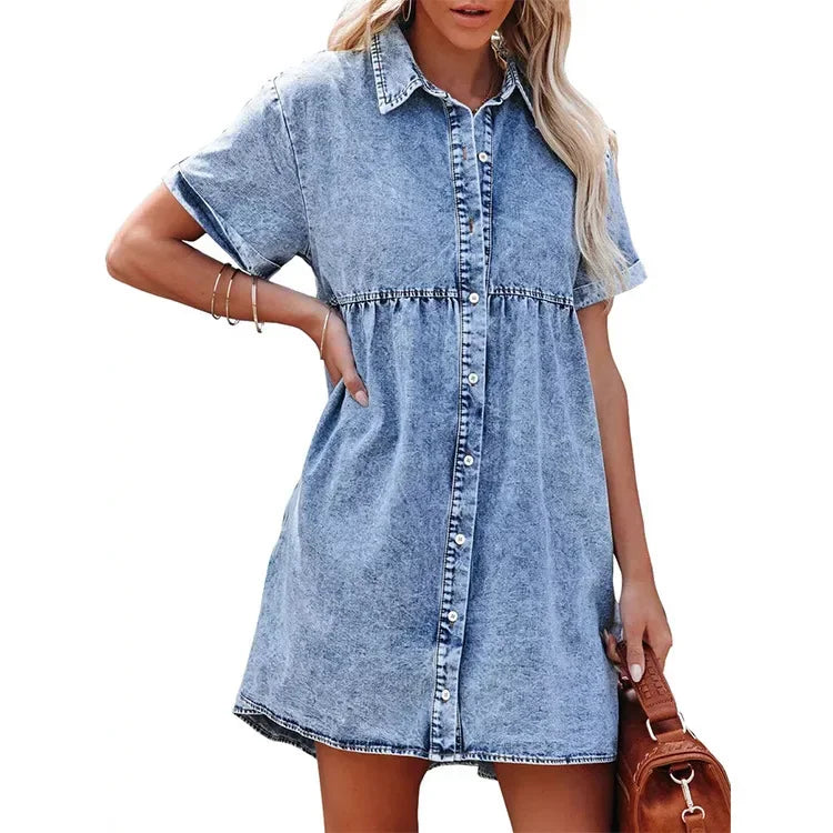 Women Denim Shirt Dresses Short Sleeve Turn Down Collar Jean Dress Single-breasted Casual Top Loose Ruffled Edge Women Dresses