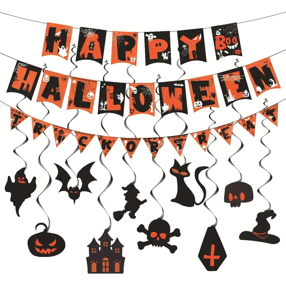 Guirnalda colgante de Halloween para fiesta, decoración espeluznante, en un diseño en espiral naranja y negro con recortes espeluznantes que incluyen fantasmas, murciélagos, brujas, calaveras, calabazas y casas encantadas.