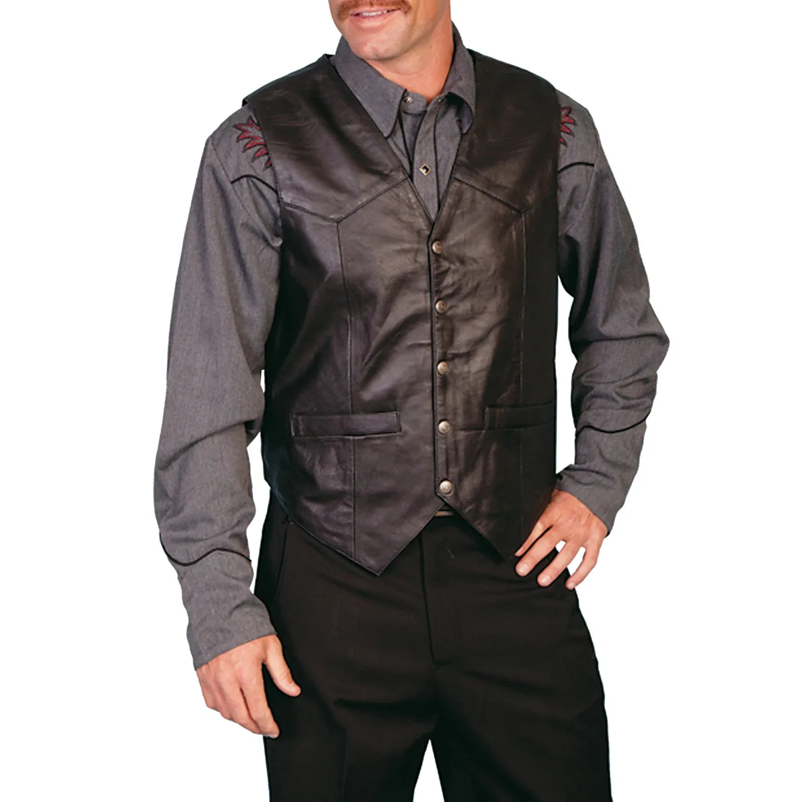 Herren-Schwarz Fauxleder Bikerweste mit roten bestickten Sonnenstrahl-Designs auf den Schultern.