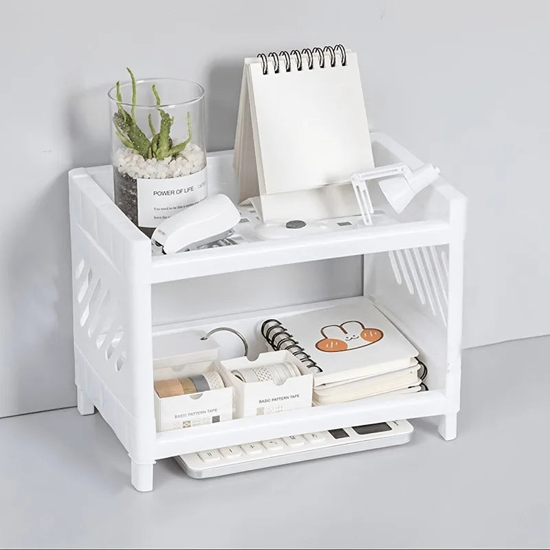 Office Desk Organizer, Double Layer Desktop Storage Rack for Stationery Supplies, Multifunctional Space Saving PP Material