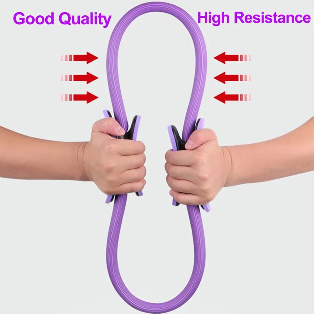 Purple resistance band with black grip handles used for Pilates ring fitness magic circle yoga equipment.