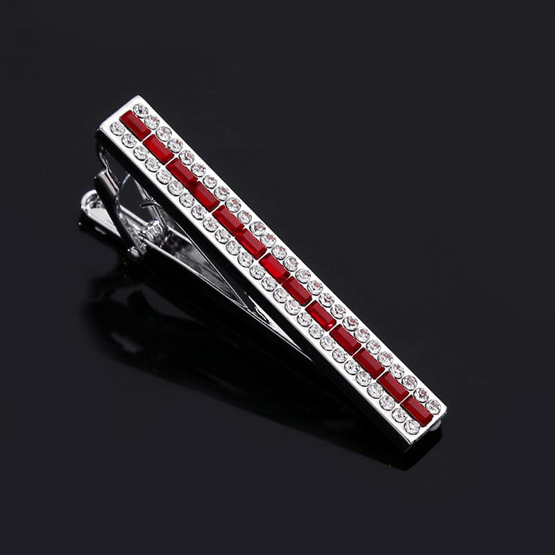 Silver tie bar adorned with two parallel rows of red and clear rhinestones from the crystal rhinestone tie clip set.