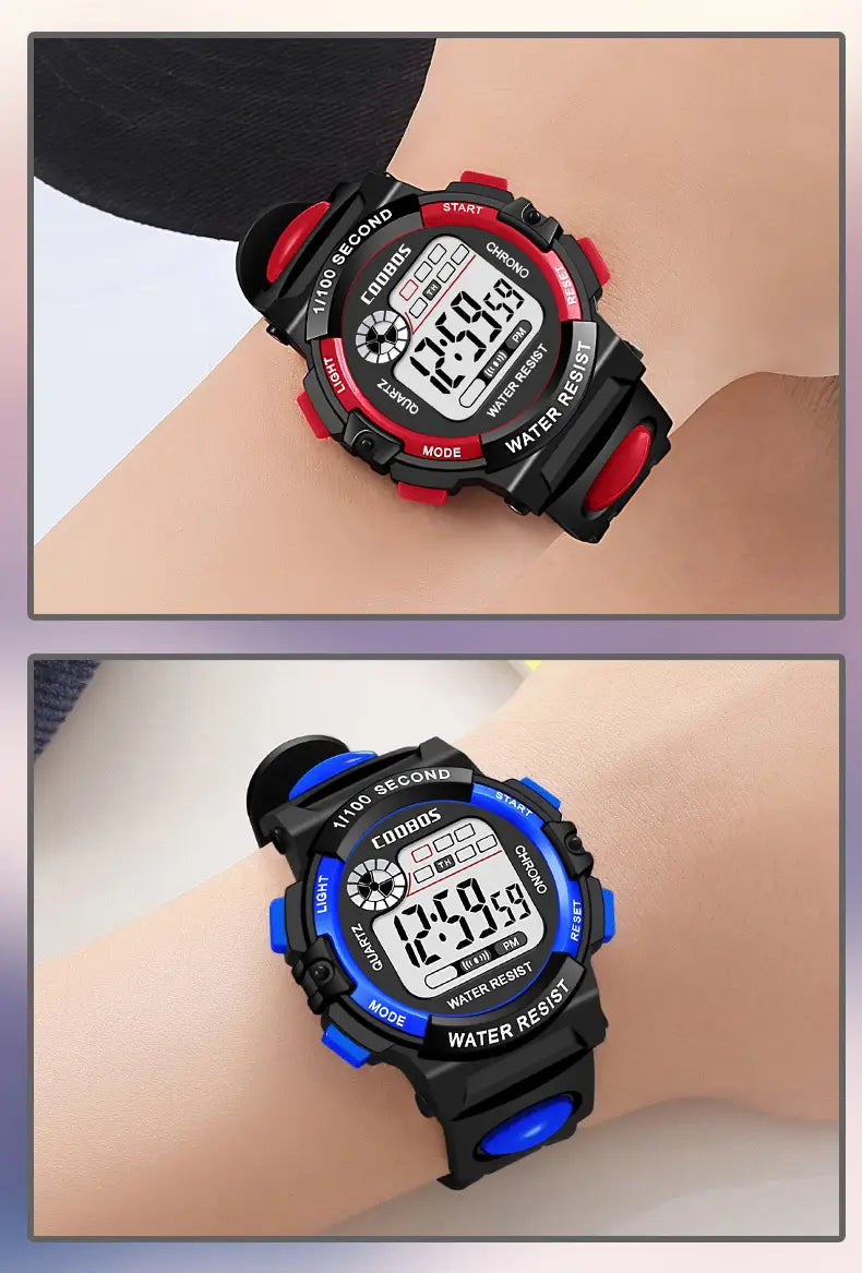 Black and red digital watch with a rugged design or black and blue kids watch featuring bold color accents on the buttons and strap, waterproof led sports wristwatch suitable for active use.