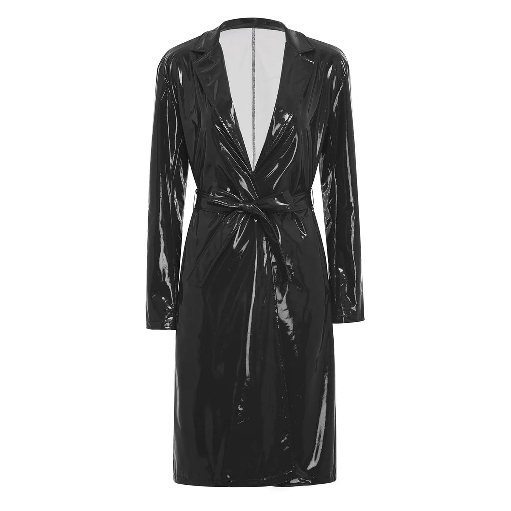 Women Men Fashion Glossy PU Leather Trench Coat Long Sleeve Lapel Open Front Jacket Outerwear with Belt Daily Wear Streetwear