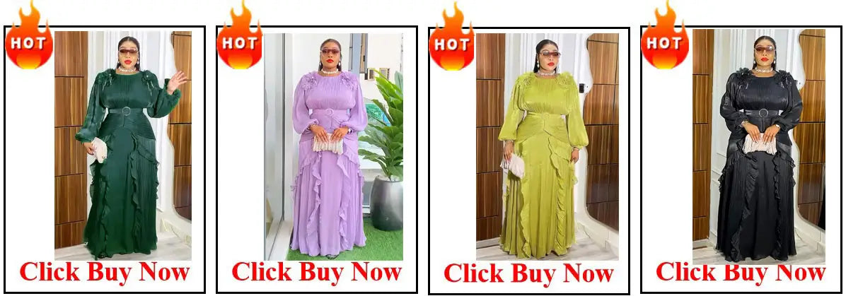 A plus-size woman models a purple satin two piece set featuring wide leg pants alongside a long flowing maxi dress with ruffled sleeves and an empire waist in deep green lavender olive green and black.