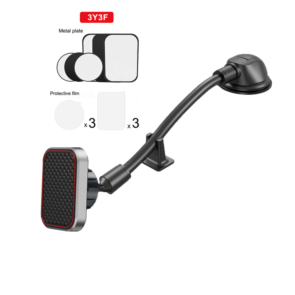 Black and silver magnetic gooseneck long arm car phone holder with flexible arm and suction cup base for secure mounting.