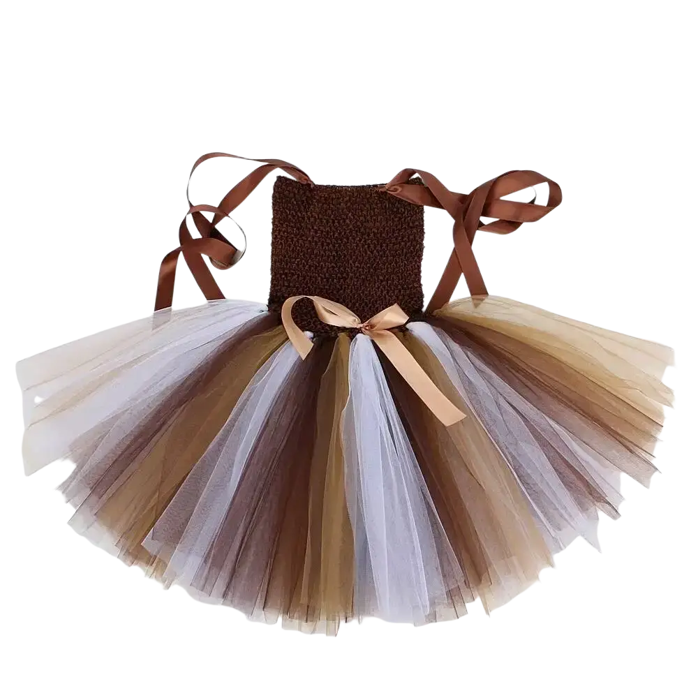 Front view of brown crocheted bodice tutu dress with layered brown beige and gray tulle skirt for baby girls kids
