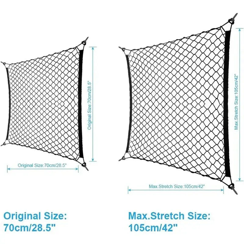 Black stretchable nylon car trunk cargo net with reinforced edges and diamond mesh pattern for storage organization.