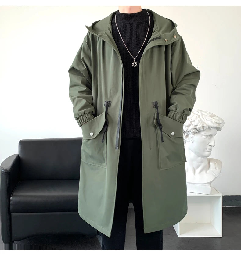 Trench Coat Mens New Fashion Army Green Overcoat Men Casual Windbreaker Solid Long Coat Male Autumn Homme Black/Khaki/Army Green