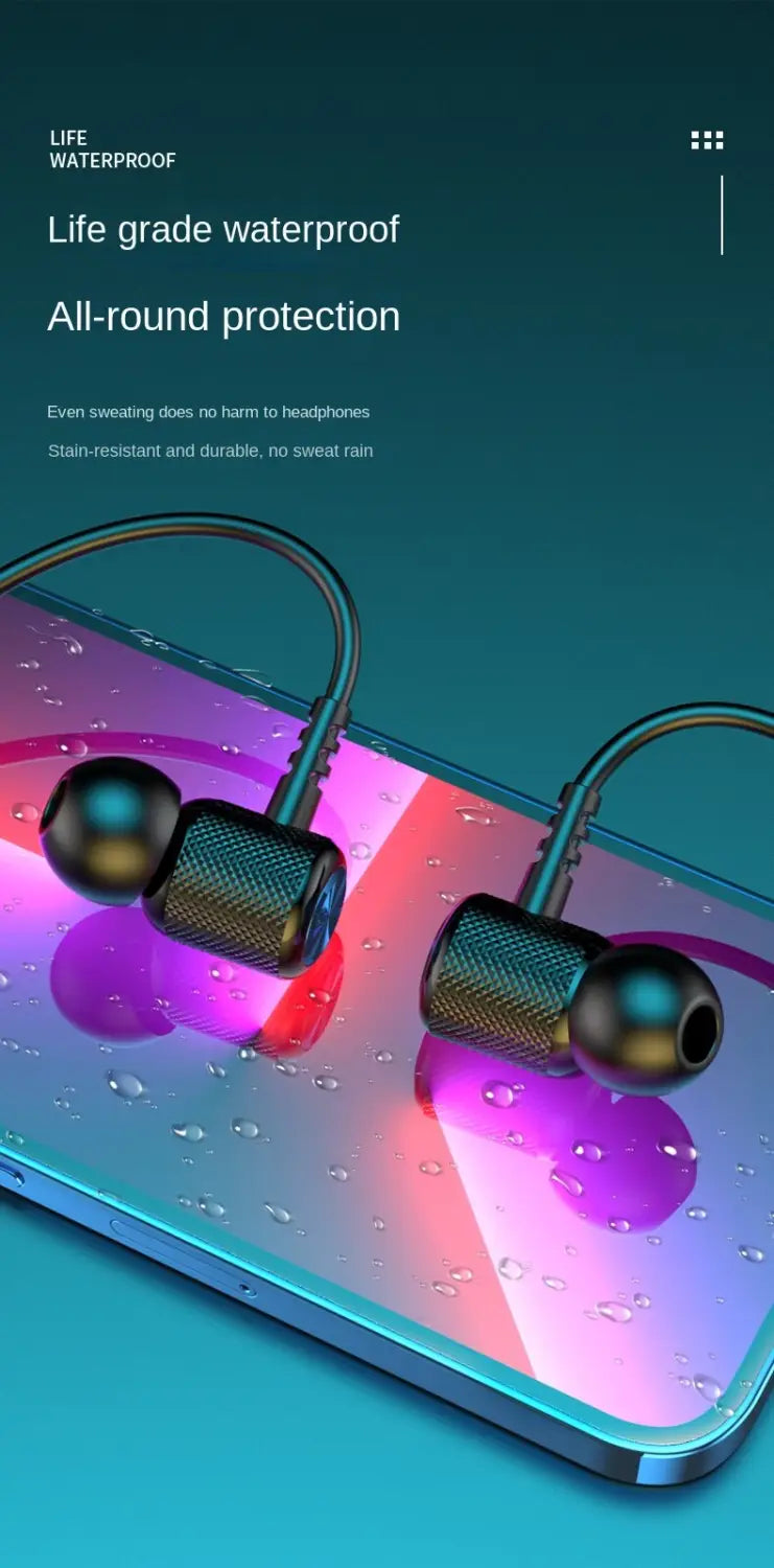 Schwarze strukturierte kabellose Bluetooth-Halsband-Ohrhörer mit Mikrofon mit schlanken, gebogenen Stielen und glänzenden kugelförmigen In-Ear-Aufsätzen.