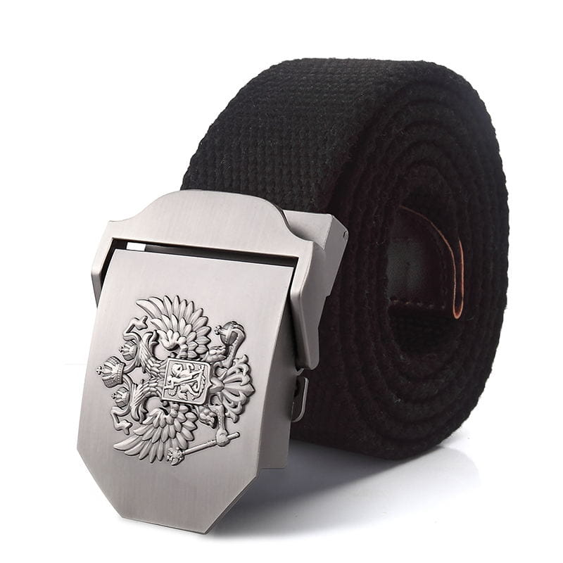 Ceinture tactique en toile noire pour hommes, avec une boucle à finition ton argent, présentant un emblème d’aigle bicéphale en relief, conçue pour un usage militaire.