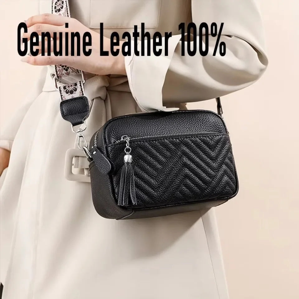 Genuine Leather Women Quilted Shoulder Bag Guitar Strap Zipper Sling Bag Casual Mobile Phone Pouch Handbag Purse Travel Work Bag
