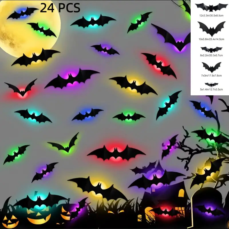 calcomanías de lámpara de noche LED estereoscópica con forma de murciélago en negro, con iluminación LED multicolor en estado luminoso, fabricadas con material PET.