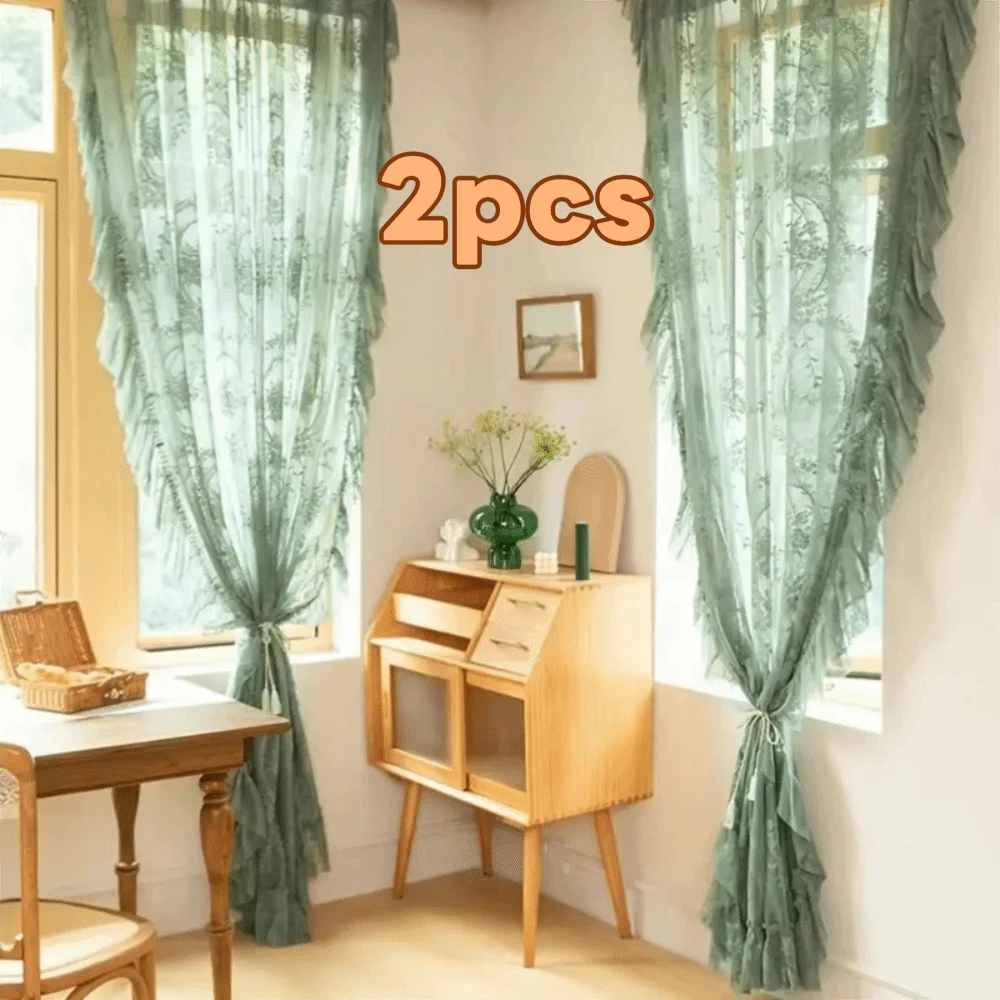 2 Pcs Home Decor Ruffled Edge French Lace Floral Curtain Retro Embroidered Gauze Curtain Rustic Voile Curtain Living Room
