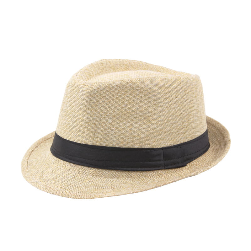 beiger geflochtener Stroh-Fedora-Sonnenhut mit schwarzem Satinband, entworfen als unisex Sommer-Strandmütze.