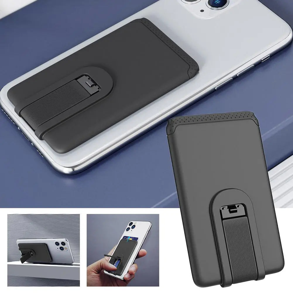 Black magnetic phone card holder made of silicone with textured grip and stand feature for mobile phone use.