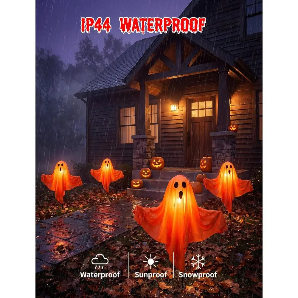 orange glowing halloween ghost pathway lights with led ghost decorations designed for outdoor halloween ghost display
