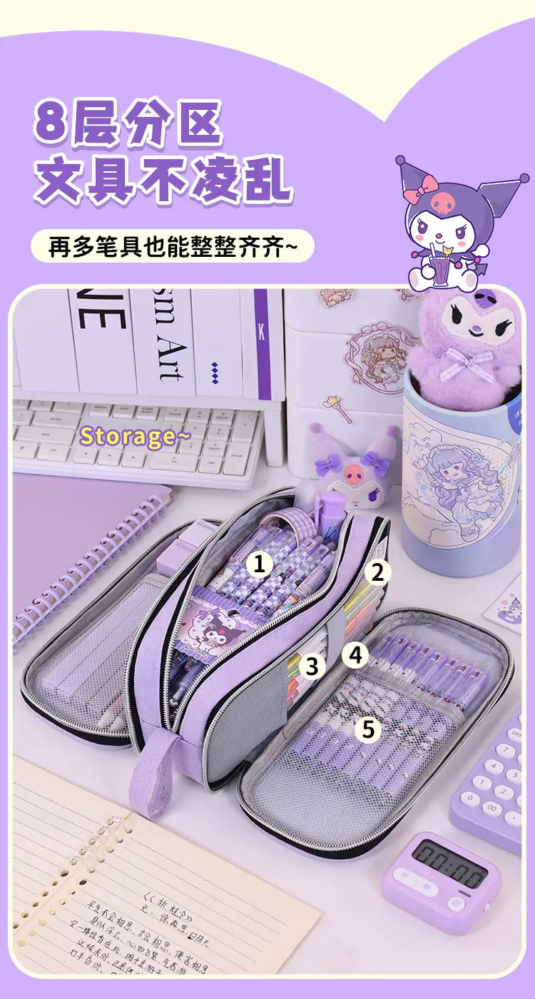 große Stifttasche mit hoher Kapazität in Flieder-Stationery-Organizer in Lavendel-Mesh mit mehreren Fächern und einem niedlichen Cartoon-Charakterdesign.