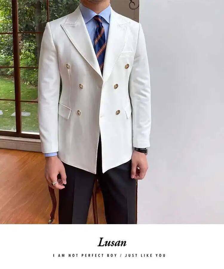 Sd252ecc00928447ba406414088029532A.jpg White double breasted slim fit men blazer jacket featuring gold toned buttons and a tailored fit ideal for formal occasions