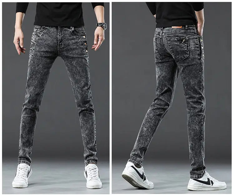 Jeans en denim extensible vintage slim pour hommes, délavage gris foncé, avec denim usé, estompage subtil et design à coupe slim