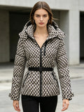 Women's Fashionable Winter Warm Jacket Casual Versatile Detachable Hood Coat with Belt Zippered Windproof  Outdoor Clothes