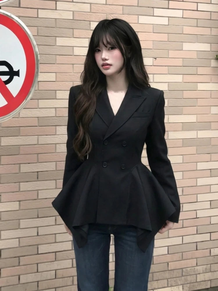 Elegant Autumn Unique Black Blazer Jacket Women Korean Fashion Double Breasted Waist Cinched Irregular Hem Office Casual Outfit