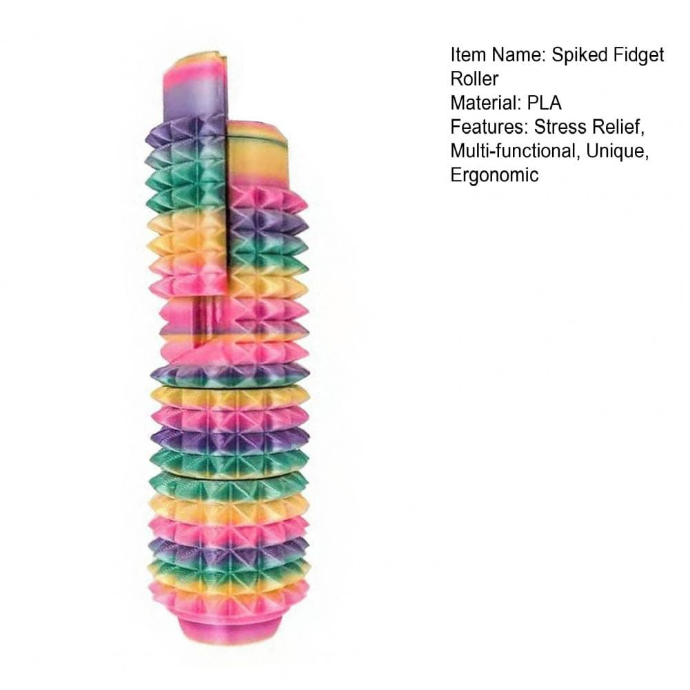 Un colorido rodillo giratorio para fidget con pinchos con degradado arcoíris, fabricado en PLA, con diseño ergonómico segmentado para aliviar el estrés como juguete tipo fidget 5 en 1.
