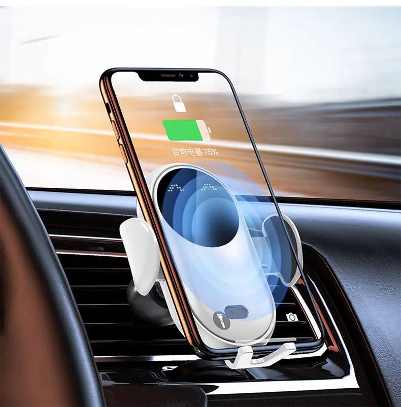 a sleek white and rose gold car wireless charger with magnetic grip designed for fast charging and mounting on a car air vent