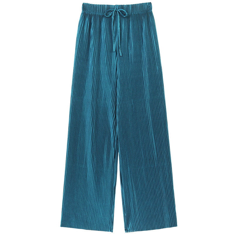 tealfarbene plissierte, weit geschnittene Sommerhose für Damen mit elastischem Bund und Kordelzug für eine bequeme Passform
