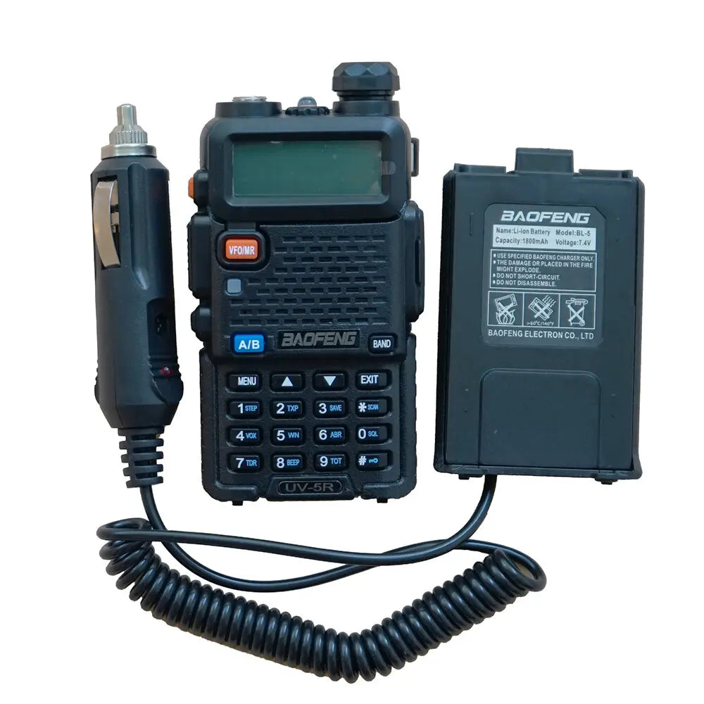 Black Baofeng uv-5r walkie talkie with car charger battery eliminator, coiled cord, car charger adapter, and matching battery pack for walkie talkie accessories.