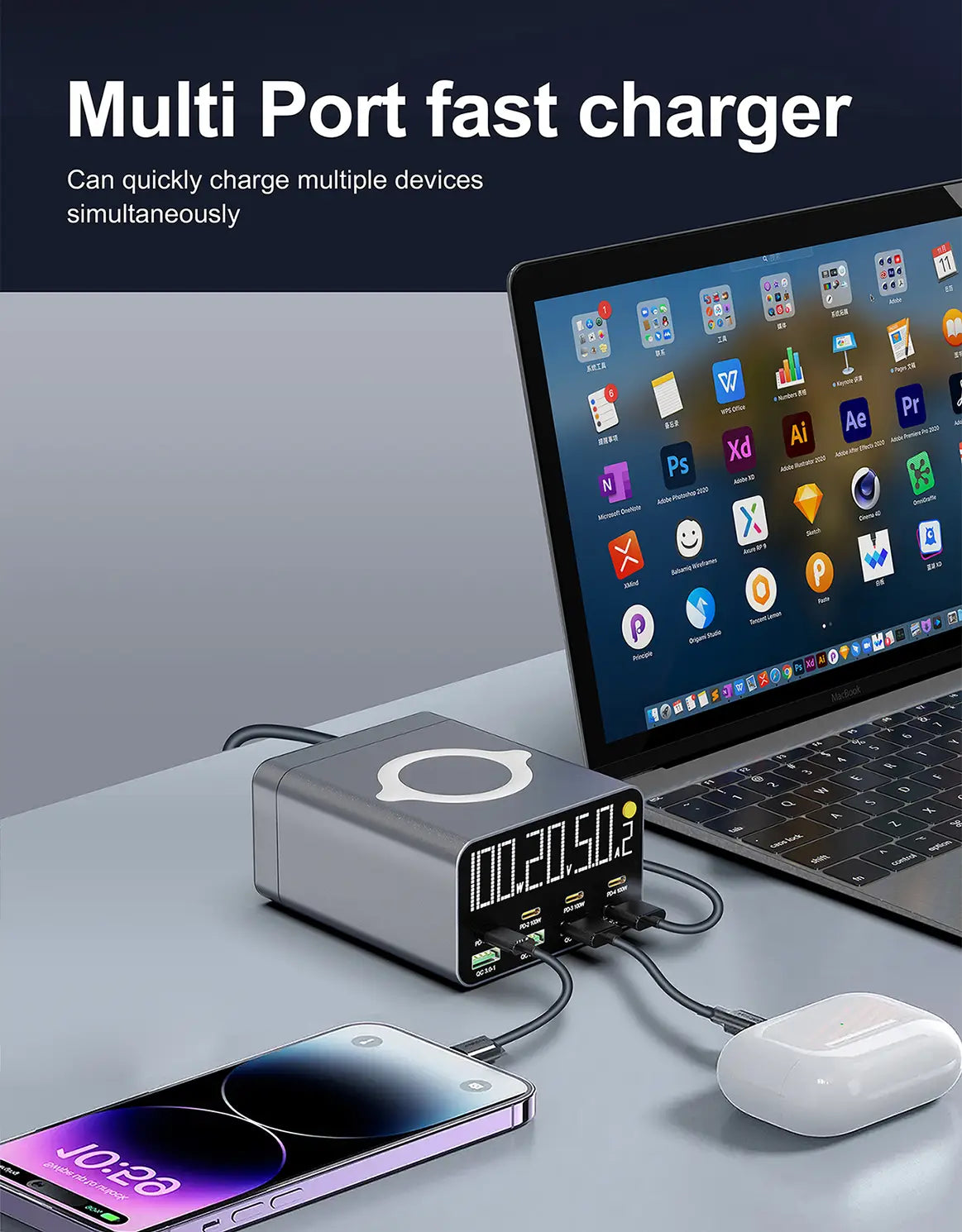 Silver usb type c multiport charging station 120w with digital display and multiple usb ports for simultaneous device charging.