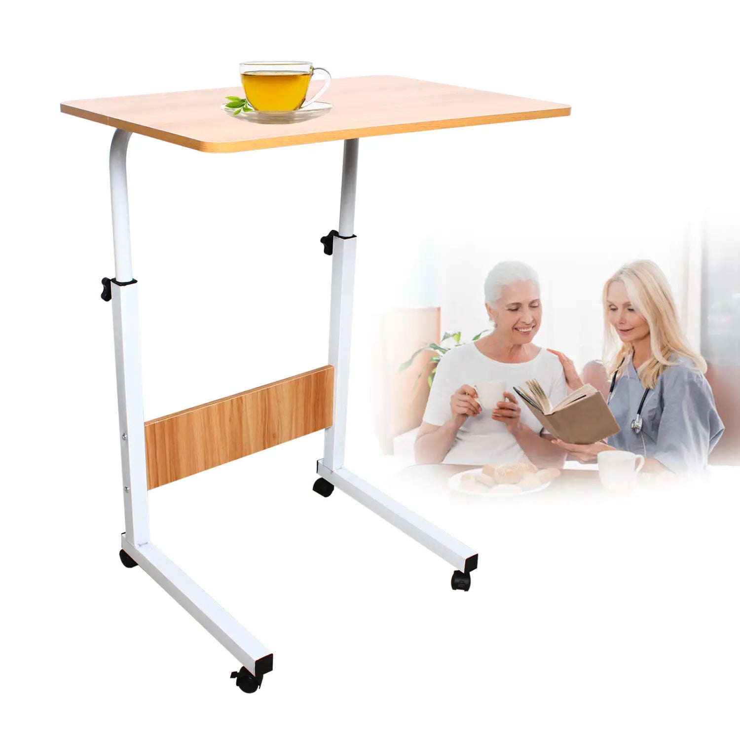 Tablette roulante pour ordinateur portable à hauteur réglable avec structure en métal blanc, plateau en bois et panneau latéral