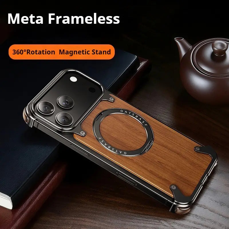 Étui élégant pour iPhone en bois à aimant, avec cadre métallique noir et finition à grain de bois sur la partie arrière, comportant un anneau de support rotatif intégré à 360°.
