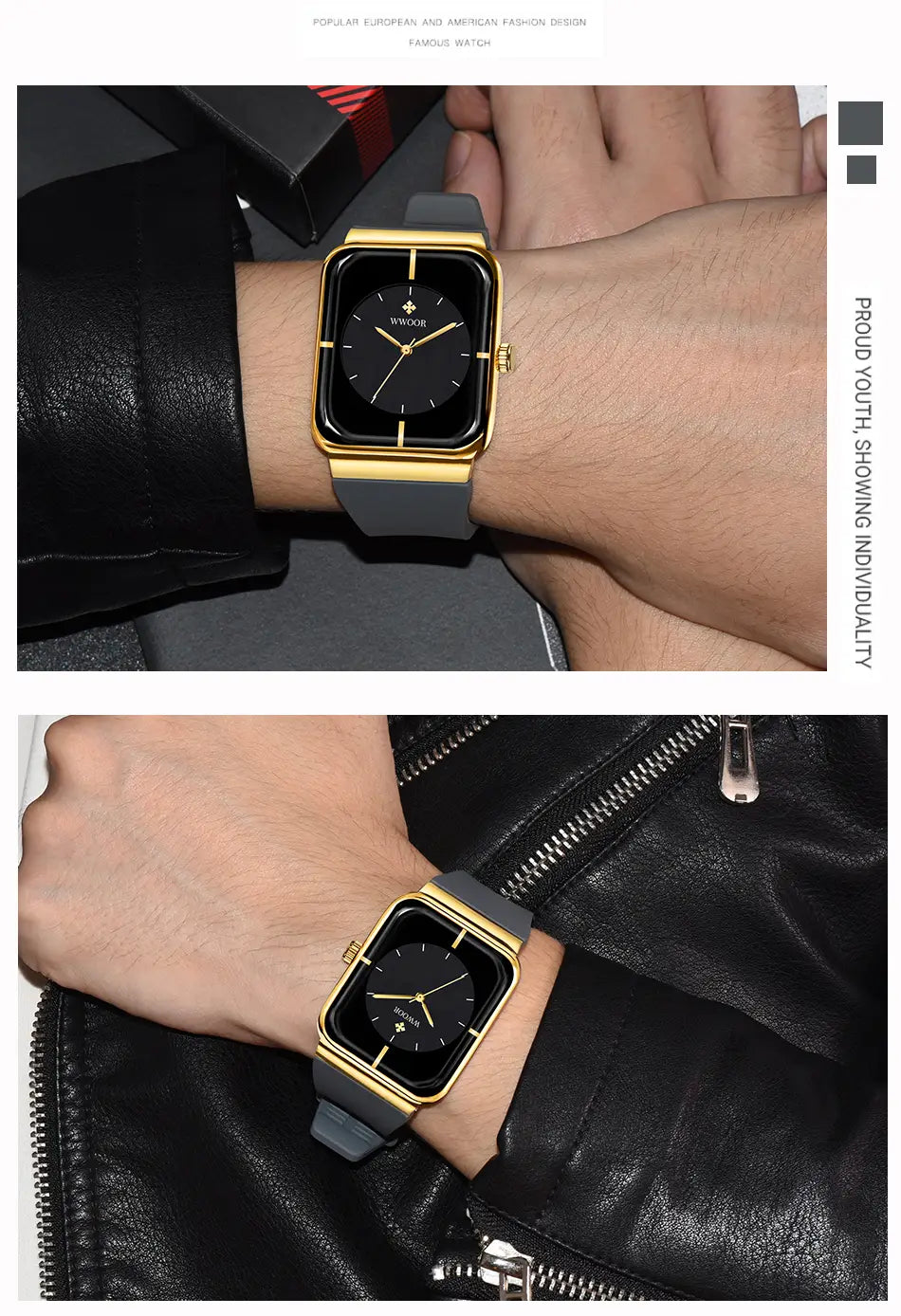 Wwoor gold rectangle quartz watch featuring a gold-toned rectangular case, black dial, and gray silicone strap.