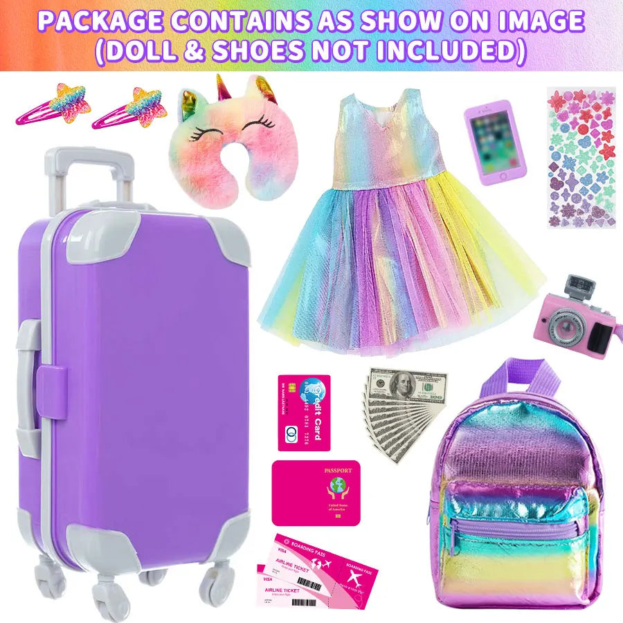 18inch Doll Clothes and Accessories Doll Suitcase Travel Set Include Pillow Unicorn Bag Camera Computer Phone Passport Kids Gift