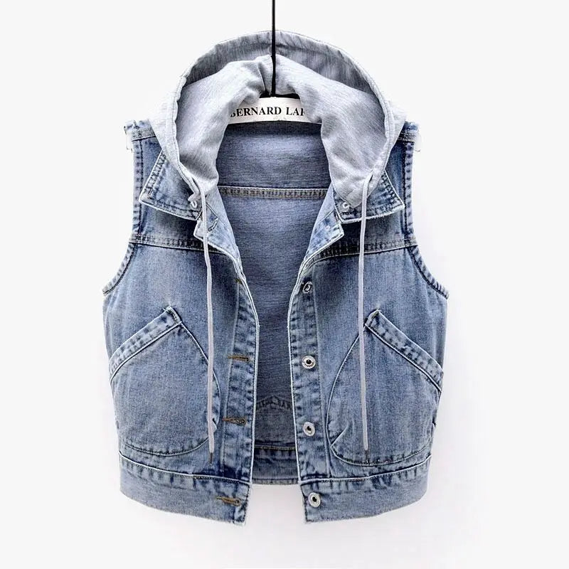 Casual Short Sleeveless Denim Vest Women's Hooded Jacket Casual Loose Fit Button up Pure Color Versatile Summer Outerwear