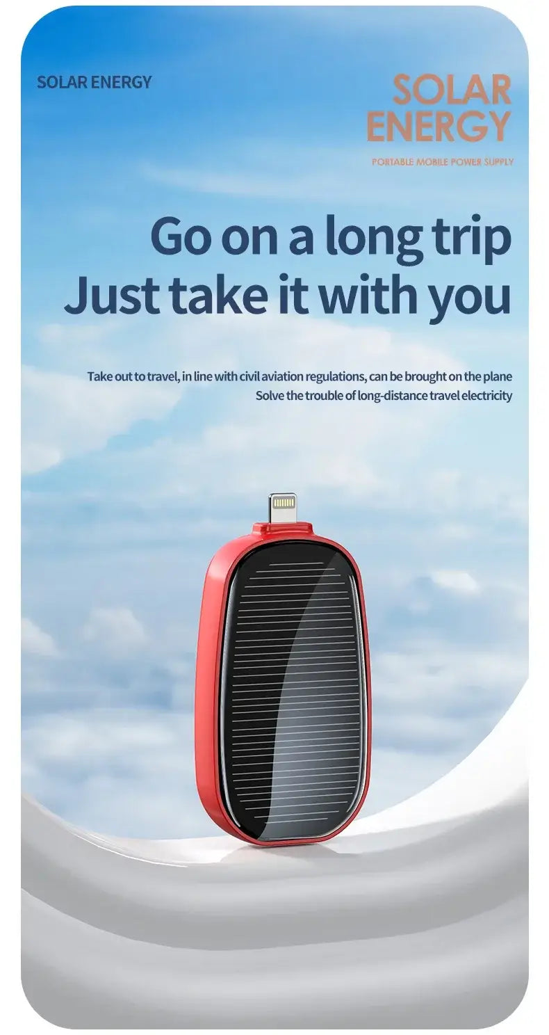 Red and black solar power bank key ring portable charger with a sleek oval design featuring an integrated lightning port and 1200mah capacity