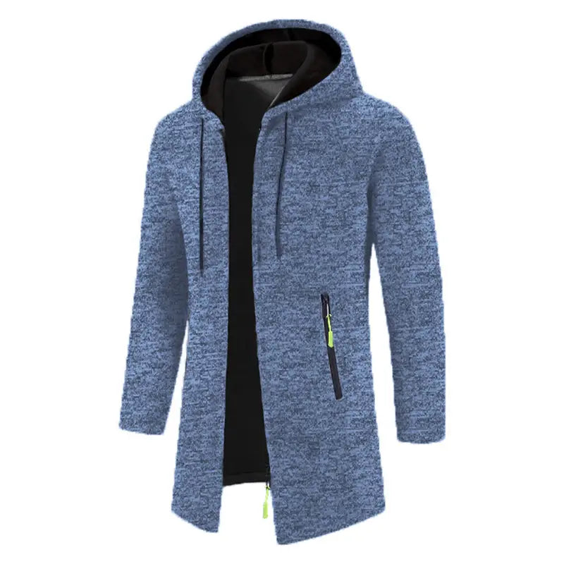 Sudadera con cremallera extragrande para hombre en tejido jaspeado azul con forro negro y tiradores de cremallera verde neón.
