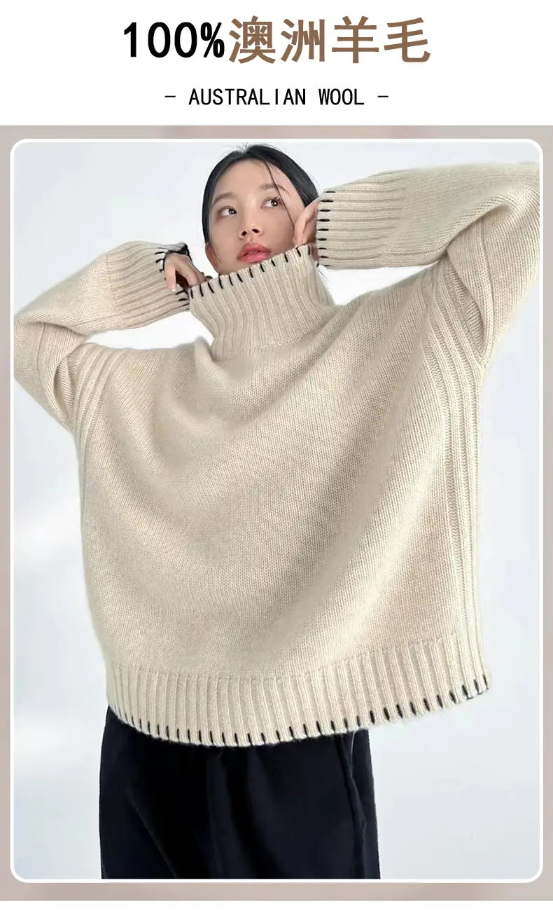Cream-colored oversized turtleneck sweater for women made of 100 percent Australian wool with ribbed cuffs and hem.